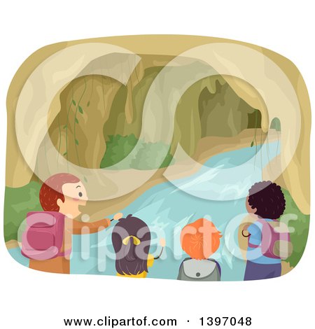 Clipart of a Group of Children Exploring a Cave with Water - Royalty Free Vector Illustration by BNP Design Studio