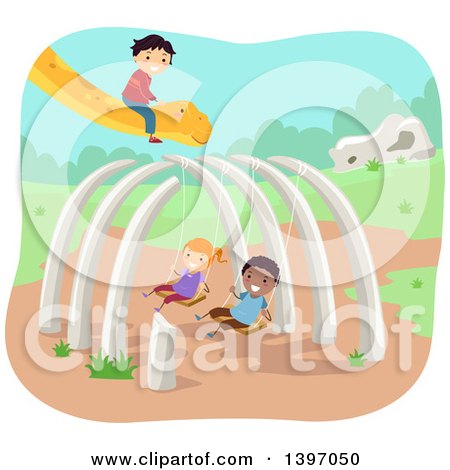 Clipart of a Dinosaur Bone Swing Set and Children with a Dino - Royalty Free Vector Illustration by BNP Design Studio