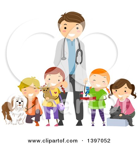 Clipart of a Group of Students on a Field Trip to a Veterinarians Office - Royalty Free Vector Illustration by BNP Design Studio