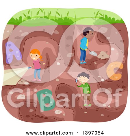 Clipart of a Group of Students Excavating and Discovering Alphabet Letters - Royalty Free Vector Illustration by BNP Design Studio