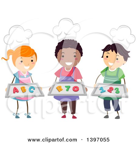 Clipart of a Group of Home Economics Students Wearing Chef Hats and Holding Number and Letter Cookies - Royalty Free Vector Illustration by BNP Design Studio