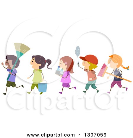 Clipart of a Line of Children Carrying Cleaning Supplies - Royalty Free Vector Illustration by BNP Design Studio