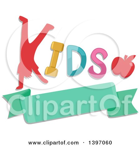Clipart of a Silhouetted Boy Doing a Hand Stand in the Word KIDS with an Apple over a Banner - Royalty Free Vector Illustration by BNP Design Studio