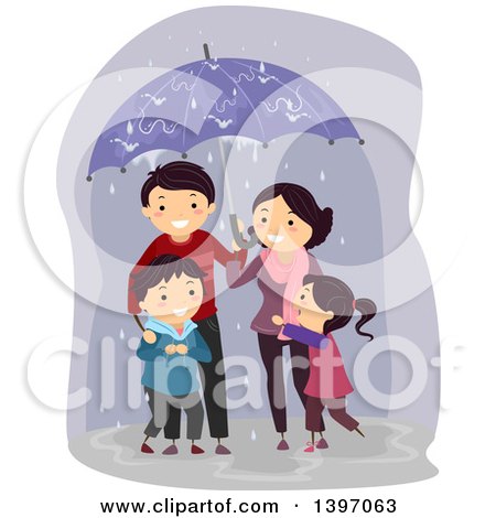 Clipart of a Happy Family Sharing an Umbrella in the Rain - Royalty Free Vector Illustration by BNP Design Studio