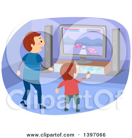 Clipart of a Father and Son Playing an Interactive Racing Video Game - Royalty Free Vector Illustration by BNP Design Studio
