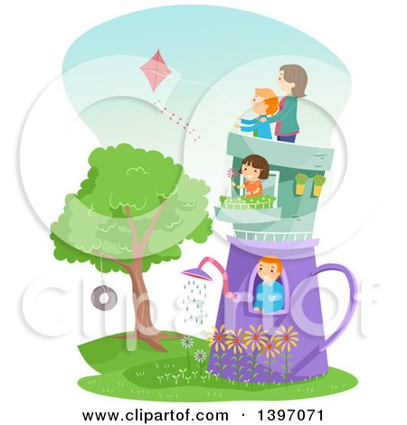 Clipart of a Family in a Garden Pot House - Royalty Free Vector Illustration by BNP Design Studio