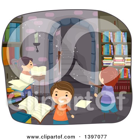 Clipart of a Group of Children Playing in a Magic Library - Royalty Free Vector Illustration by BNP Design Studio