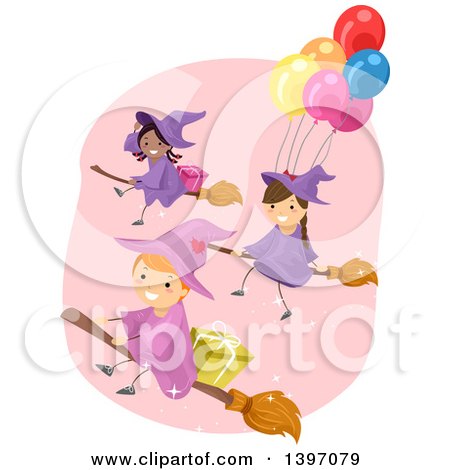 Clipart of a Group of Witch Girls Flying on a Broom - Royalty Free Vector Illustration by BNP Design Studio
