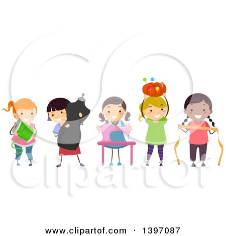 Clipart of a Group of Girls with Sewing Accessories - Royalty Free Vector Illustration by BNP Design Studio