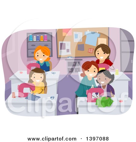 Clipart of a Group of Women in a Sewing Class - Royalty Free Vector Illustration by BNP Design Studio