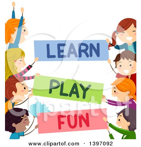 Clipart of Borders of Happy Children Holding Learn, Play and Fun Signs - Royalty Free Vector Illustration by BNP Design Studio