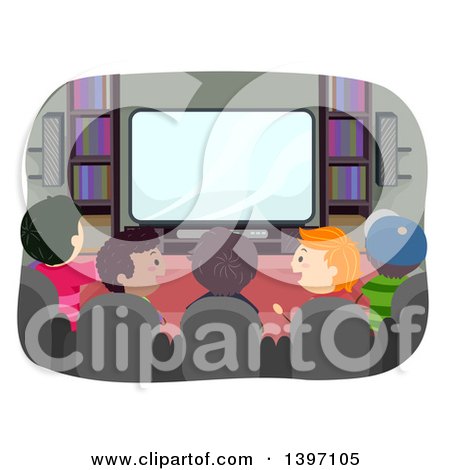 Clipart of a Rear View of a Group of Boys Watching Tv and Talking - Royalty Free Vector Illustration by BNP Design Studio
