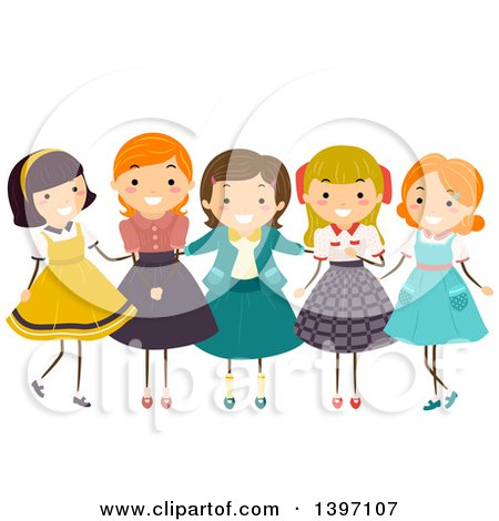 Clipart of a Group of Girls Wearing Vintage Clothing - Royalty Free Vector Illustration by BNP Design Studio