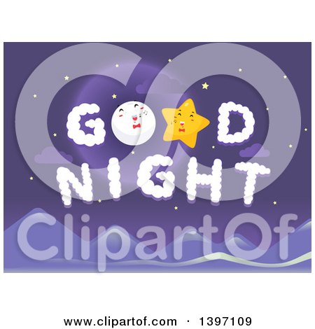 Clipart of a Moon and Star in Good Night Clouds - Royalty Free Vector Illustration by BNP Design Studio