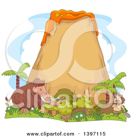 Clipart of a Prehistoric Scene of a Caveman and Woolly Mammoth - Royalty Free Vector Illustration by BNP Design Studio