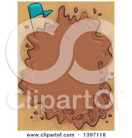 Clipart of a Frame of a Puddle of Mud with a Flag and Foot Prints - Royalty Free Vector Illustration by BNP Design Studio