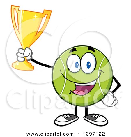 Clipart of a Cartoon Happy Tennis Ball Character Mascot Holding up a Trophy - Royalty Free Vector Illustration by Hit Toon