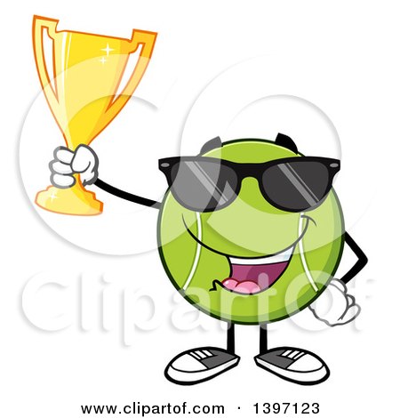 Clipart of a Cartoon Happy Tennis Ball Character Mascot Wearing Sunglasses and Holding up a Trophy - Royalty Free Vector Illustration by Hit Toon