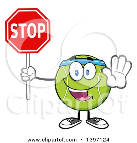 Clipart of a Cartoon Happy Tennis Ball Character Mascot Wearing a Headband and Holding a Stop Sign - Royalty Free Vector Illustration by Hit Toon