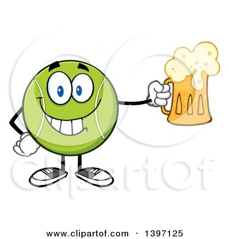 Clipart of a Cartoon Happy Tennis Ball Character Mascot Holding a Beer - Royalty Free Vector Illustration by Hit Toon