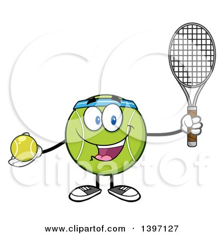 Clipart of a Cartoon Happy Tennis Ball Character Mascot Wearing a Headband, Holding a Racket and Ball - Royalty Free Vector Illustration by Hit Toon
