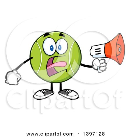 Clipart of a Cartoon Tennis Ball Character Mascot Using a Megaphone - Royalty Free Vector Illustration by Hit Toon