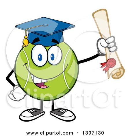Clipart of a Cartoon Happy Tennis Ball Character Mascot Graduate Holding a Diploma - Royalty Free Vector Illustration by Hit Toon