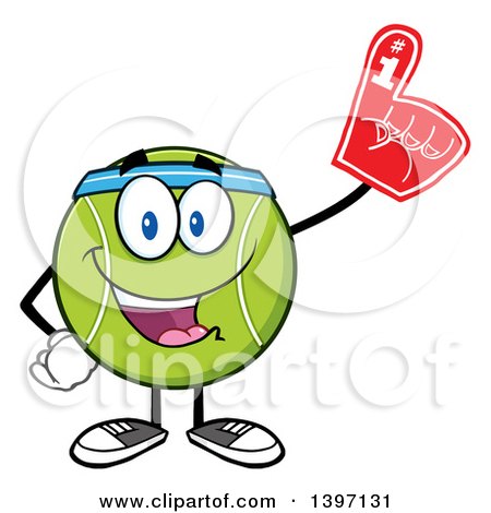 Clipart of a Cartoon Happy Tennis Ball Character Mascot Wearing a Foam Finger - Royalty Free Vector Illustration by Hit Toon
