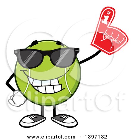 Clipart of a Cartoon Happy Tennis Ball Character Mascot Wearing Sunglasses and a Foam Finger - Royalty Free Vector Illustration by Hit Toon