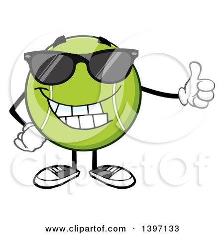 Clipart of a Cartoon Happy Tennis Ball Character Mascot Wearing Sunglasses and Giving a Thumb up - Royalty Free Vector Illustration by Hit Toon