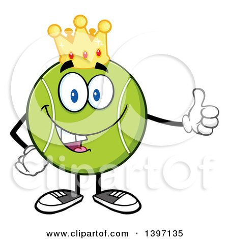Clipart of a Cartoon Happy Tennis Ball Character Mascot Wearing a Crown and Giving a Thumb up - Royalty Free Vector Illustration by Hit Toon