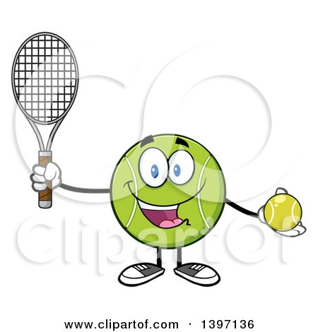 Clipart of a Cartoon Happy Tennis Ball Character Mascot Holding a Racket and Ball - Royalty Free Vector Illustration by Hit Toon