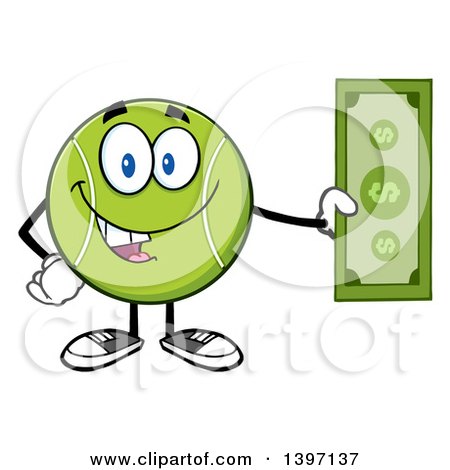 Clipart of a Cartoon Happy Tennis Ball Character Mascot Holding Cash Money - Royalty Free Vector Illustration by Hit Toon
