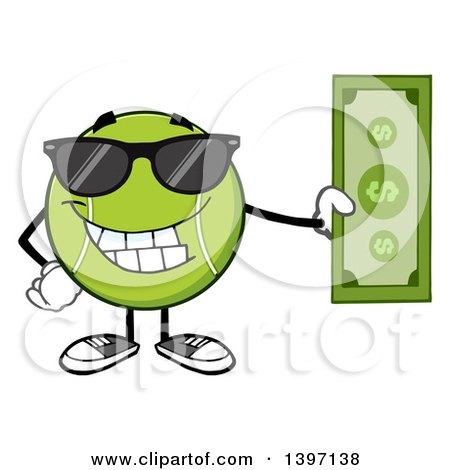 Clipart of a Cartoon Happy Tennis Ball Character Mascot Wearing Sunglasses and Holding Cash Money - Royalty Free Vector Illustration by Hit Toon