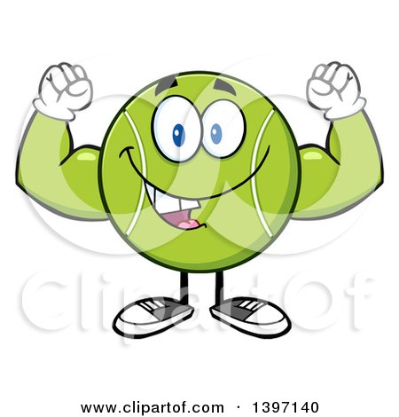 Clipart of a Cartoon Happy Tennis Ball Character Mascot Flexing His Muscles - Royalty Free Vector Illustration by Hit Toon
