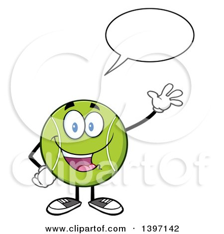 Clipart of a Cartoon Happy Tennis Ball Character Mascot Talking and Waving - Royalty Free Vector Illustration by Hit Toon