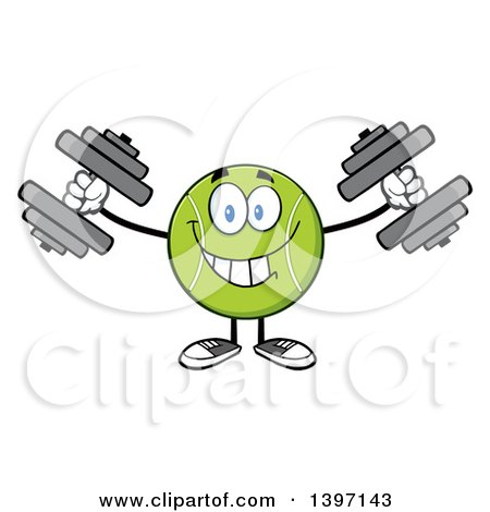 Clipart of a Cartoon Happy Tennis Ball Character Mascot Working out with Dumbbells - Royalty Free Vector Illustration by Hit Toon