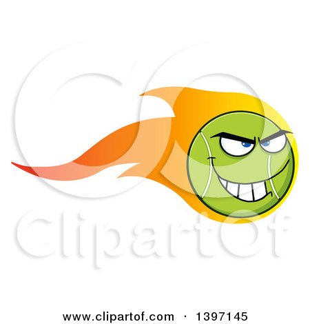 Clipart of a Cartoon Grinning Tennis Ball Character Mascot with Flames - Royalty Free Vector Illustration by Hit Toon