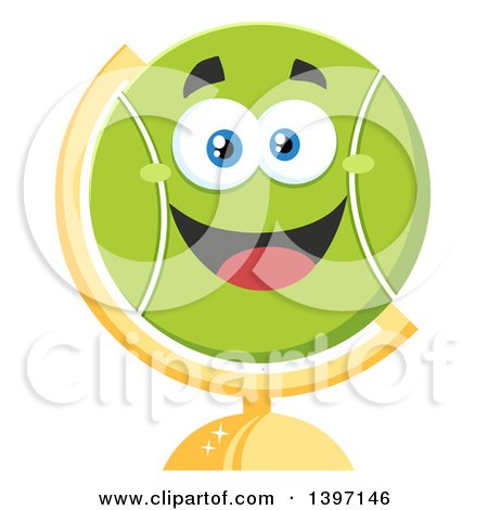 Clipart of a Cartoon Happy Tennis Ball Character Mascot Desk Globe - Royalty Free Vector Illustration by Hit Toon
