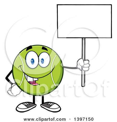 Clipart of a Cartoon Happy Tennis Ball Character Mascot Holding up a Blank Sign - Royalty Free Vector Illustration by Hit Toon