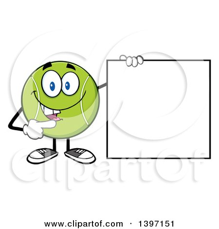 Clipart of a Cartoon Happy Tennis Ball Character Mascot Holding and Pointing to a Blank Sign - Royalty Free Vector Illustration by Hit Toon
