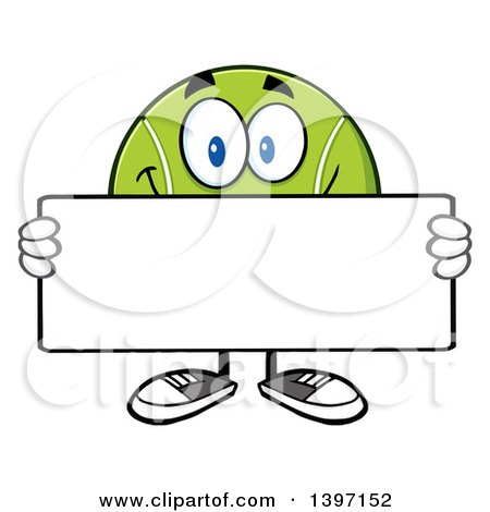 Clipart of a Cartoon Happy Tennis Ball Character Mascot Holding a Blank Sign - Royalty Free Vector Illustration by Hit Toon