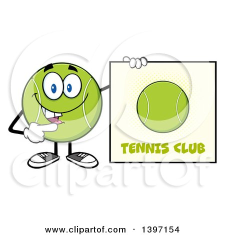 Clipart of a Cartoon Happy Tennis Ball Character Mascot Holding a Club Sign - Royalty Free Vector Illustration by Hit Toon