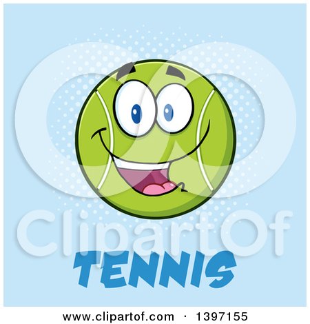 Clipart of a Cartoon Happy Tennis Ball Character Mascot over Text on Blue - Royalty Free Vector Illustration by Hit Toon
