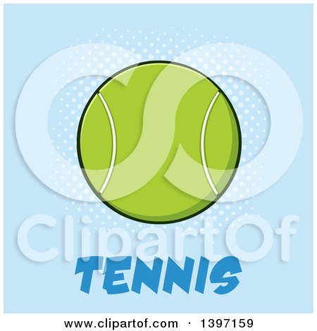 Clipart of a Cartoon Tennis Ball with Text on Blue - Royalty Free Vector Illustration by Hit Toon