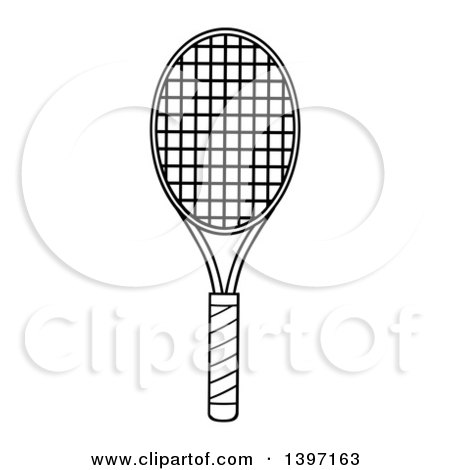 Clipart of a Black and White Lineart Tennis Racket - Royalty Free Vector Illustration by Hit Toon