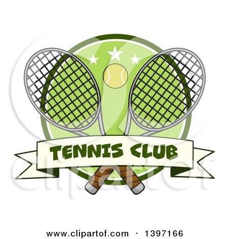 Clipart of a Ball over Crossed Tennis Rackets and a Green Circle with Stars and a Club Banner - Royalty Free Vector Illustration by Hit Toon