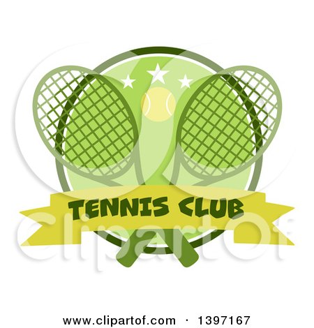 Clipart of a Ball over Crossed Tennis Rackets and a Green Circle with Stars and a Club Banner - Royalty Free Vector Illustration by Hit Toon