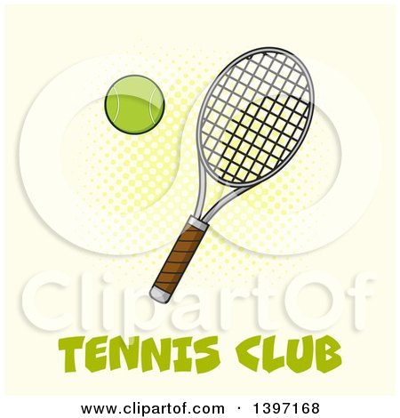 Clipart of a Tennis Racket and Ball over Text on Yellow - Royalty Free Vector Illustration by Hit Toon