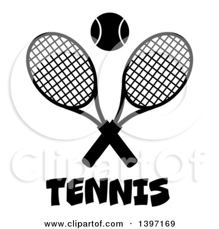Clipart of a Black and White Silhouetted Ball over Text and Crossed Tennis Racket - Royalty Free Vector Illustration by Hit Toon